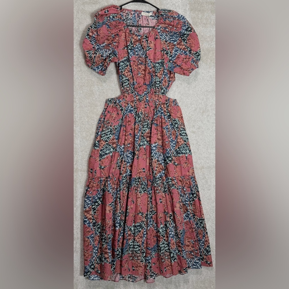 Ulla Johnson Coral and Blue Asymmetrical Floral Midi Dress - Picture 6 of 16
